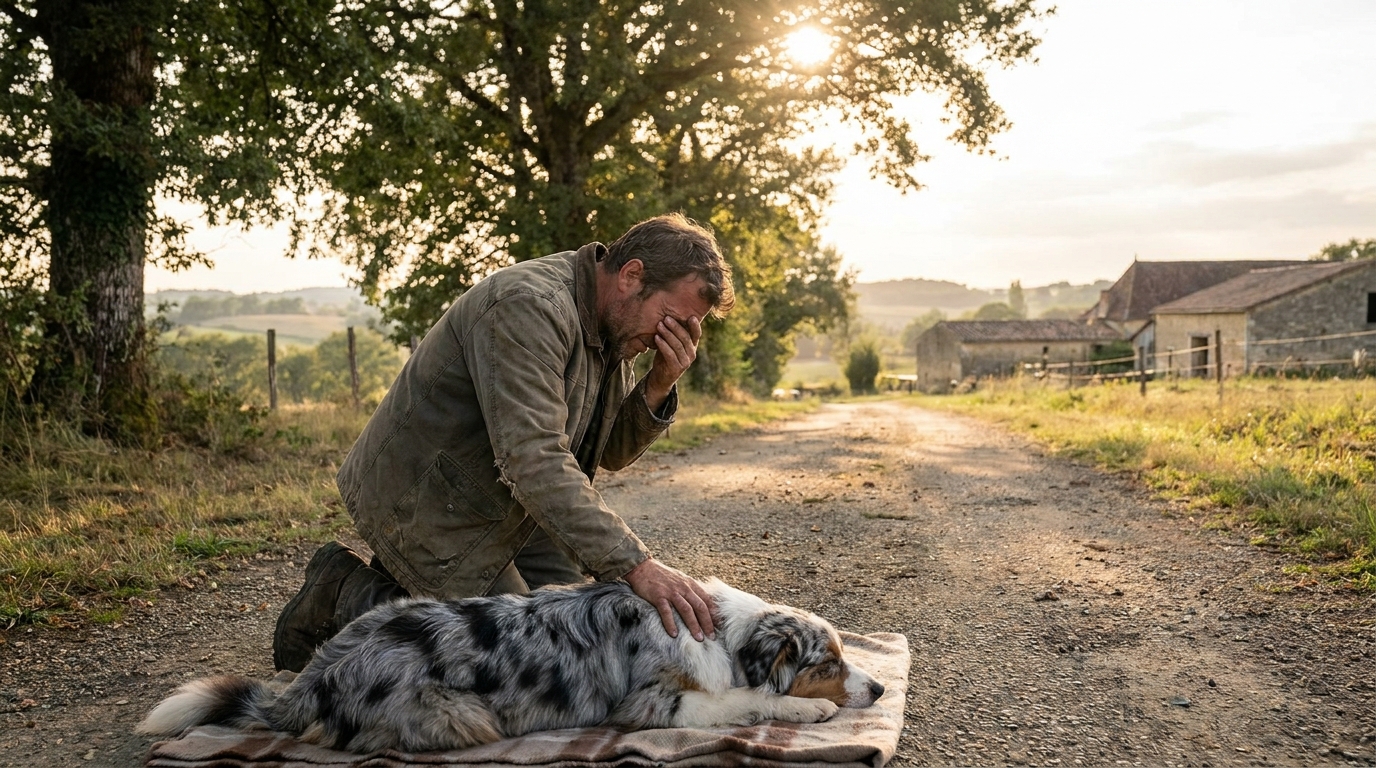 Un homme pleure la perte de son berger australien, Lanko, après un empoisonnement tragique lors d'une promenade en Dordogne.