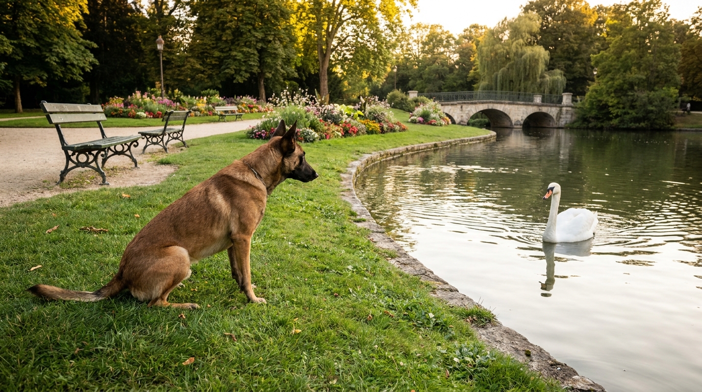 Un chien de race Malinois assis sur l'herbe au bord d'un lac, regardant attentivement un cygne blanc nageant dans l'eau d'un parc français.
