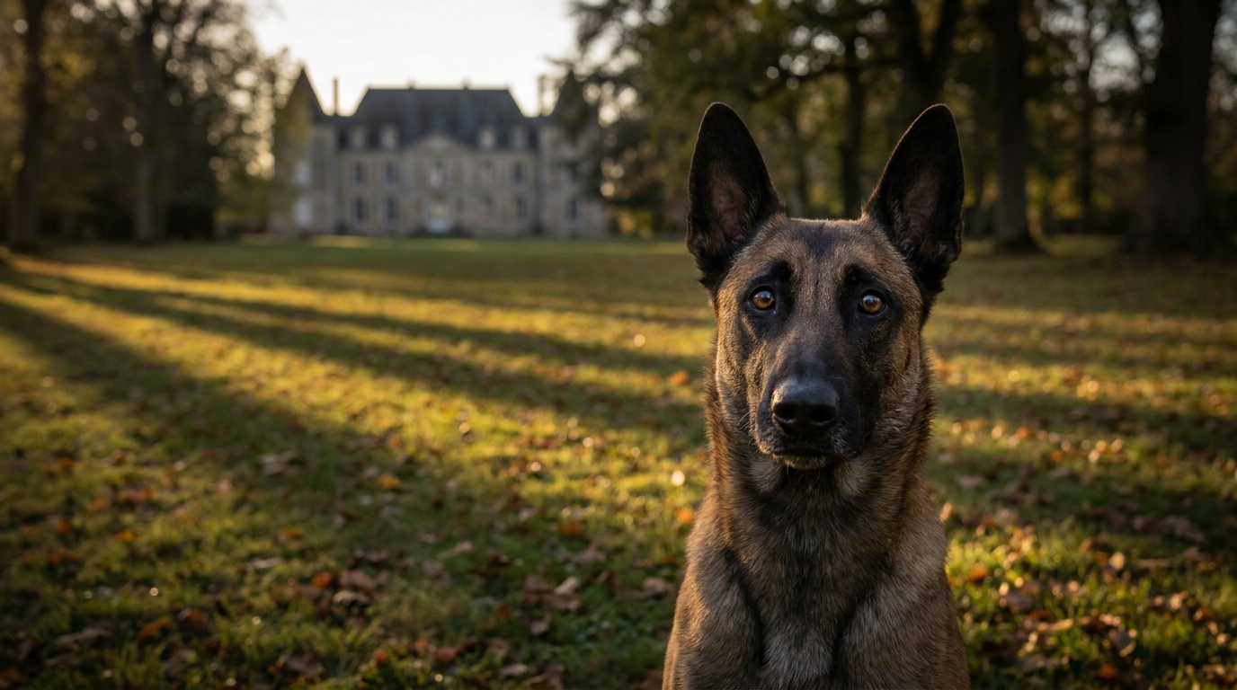 Un chien de race Malinois assis dans l'herbe d'un jardin, le regard triste, illustrant une histoire de drame familial et de cruauté animale.