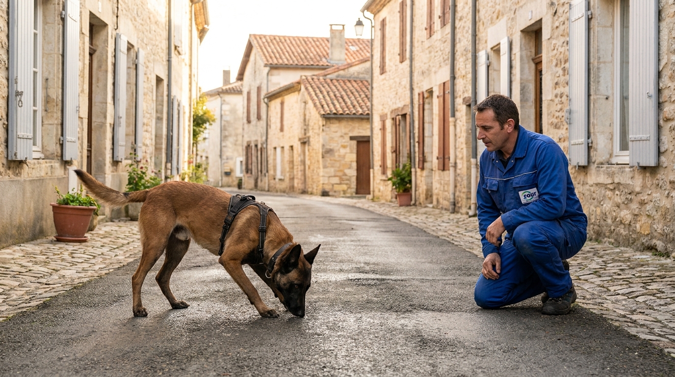 Un Berger Belge Malinois concentré, la truffe collée au sol sur un trottoir en France, cherchant une fuite d'eau.