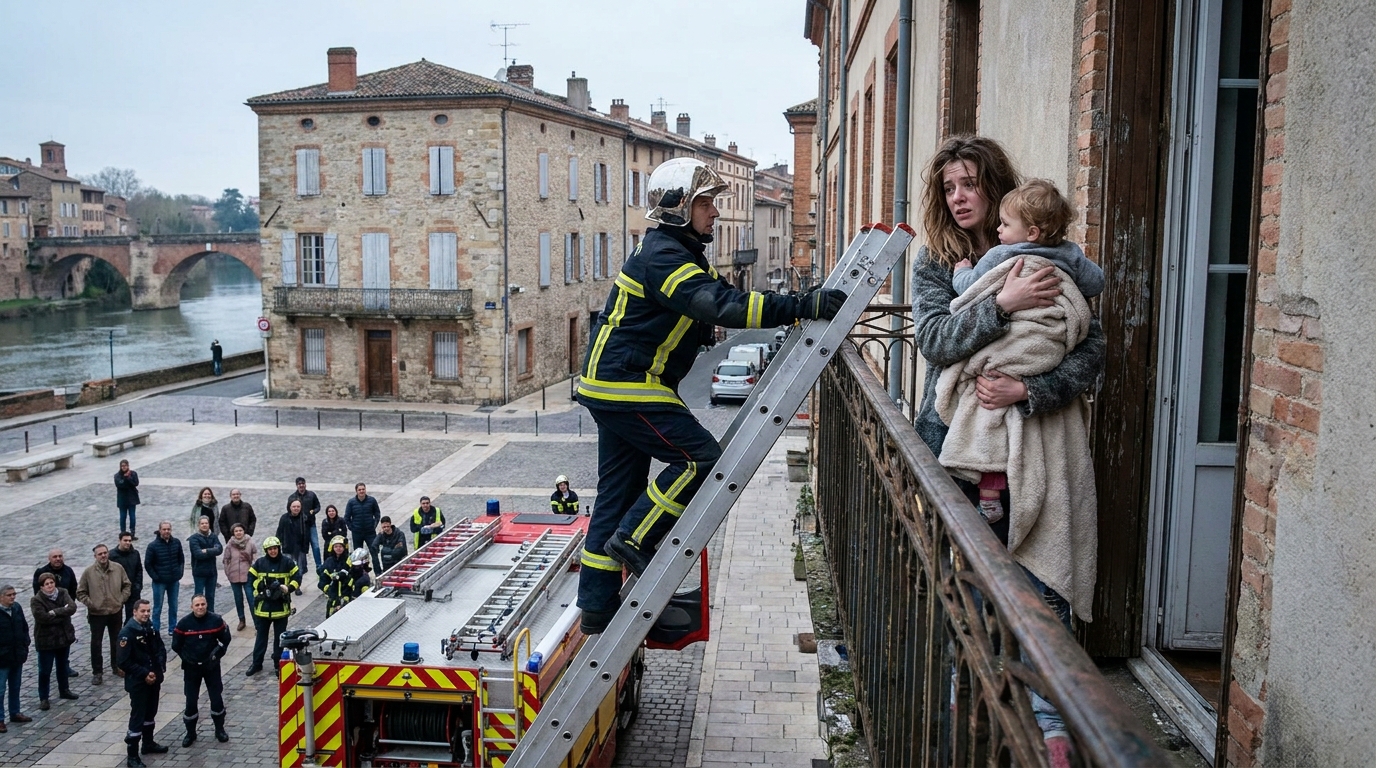 Une jeune mère de famille serre son bébé dans ses bras sur un balcon, le visage angoissé, tandis qu'un pompier français monte vers elle sur une grande échelle.