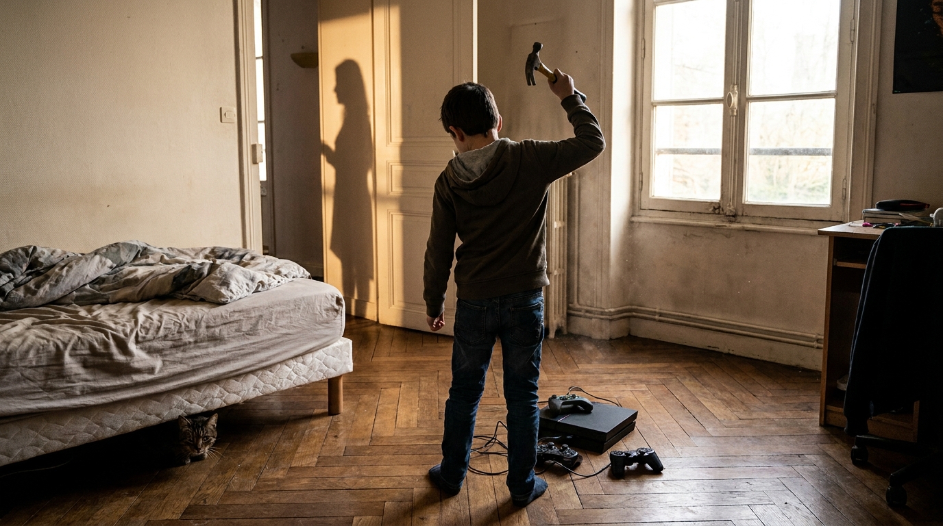 Un adolescent regarde avec regret une console de jeu brisée sur le sol du salon, tandis qu'un chat tigré se frotte contre la jambe de sa mère.