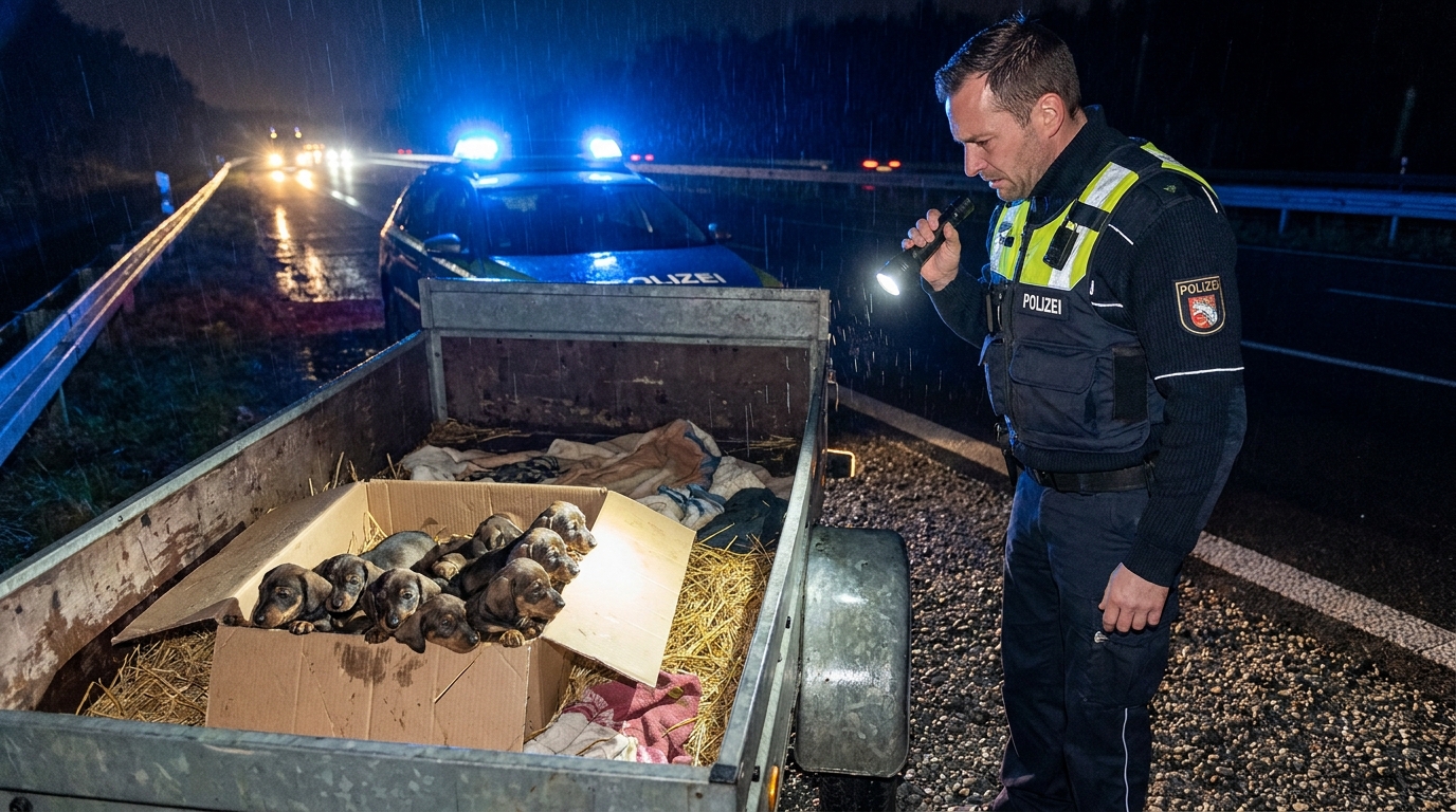 Neuf petits chiots teckels blottis les uns contre les autres dans un refuge, regardant avec des yeux tristes mais pleins d'espoir après leur sauvetage.