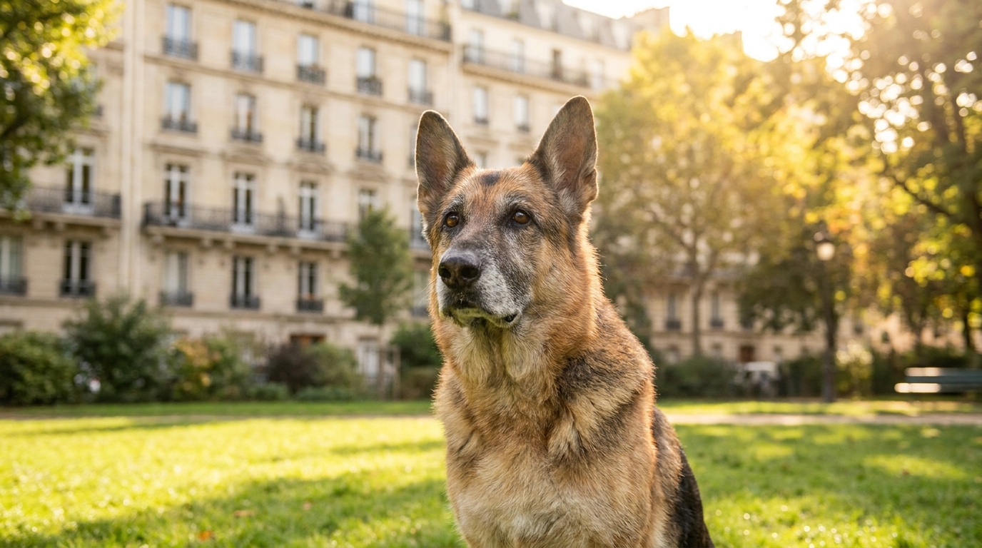Nolia, une chienne Berger Allemand au regard doux, assise dans l'herbe après son sauvetage, attendant une nouvelle famille.