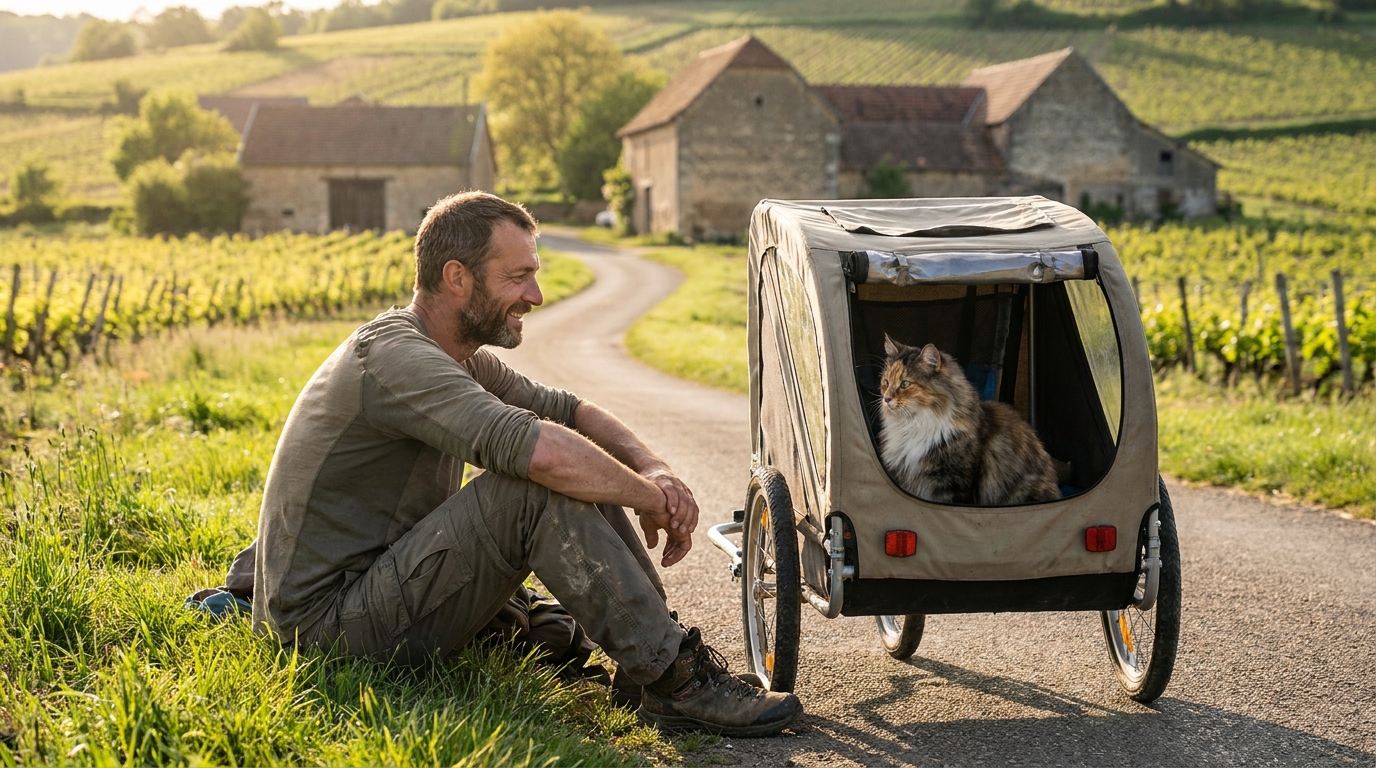 Un homme en randonnée fait une pause avec sa chatte Framboise, assise dans sa remorque, sur une route de campagne en France.
