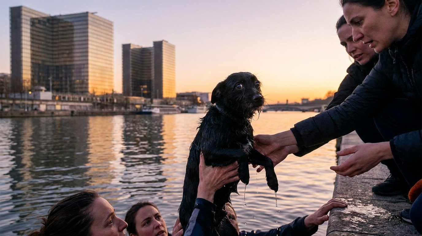 Une chaîne humaine de passants sur un quai de Seine à Paris pour secourir un petit chien noir tombé dans l'eau.