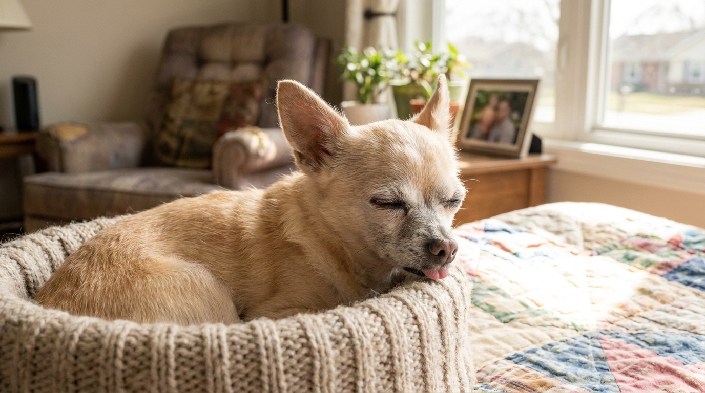 Un petit Chihuahua âgé au pelage clair, avec la langue qui pend légèrement, est blotti confortablement dans un panier moelleux.