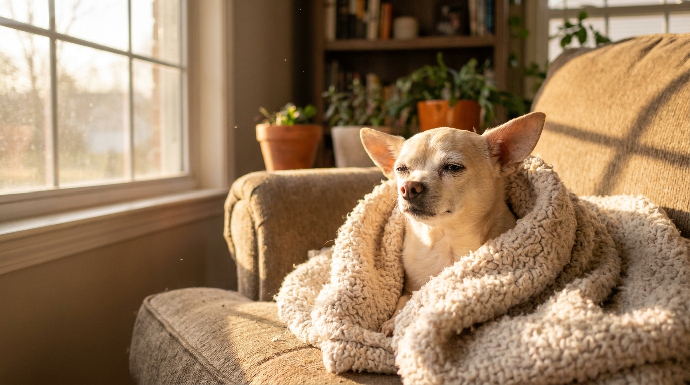 Un petit chihuahua âgé au pelage clair, couché dans un panier douillet, regarde l'objectif avec un air apaisé après son sauvetage.