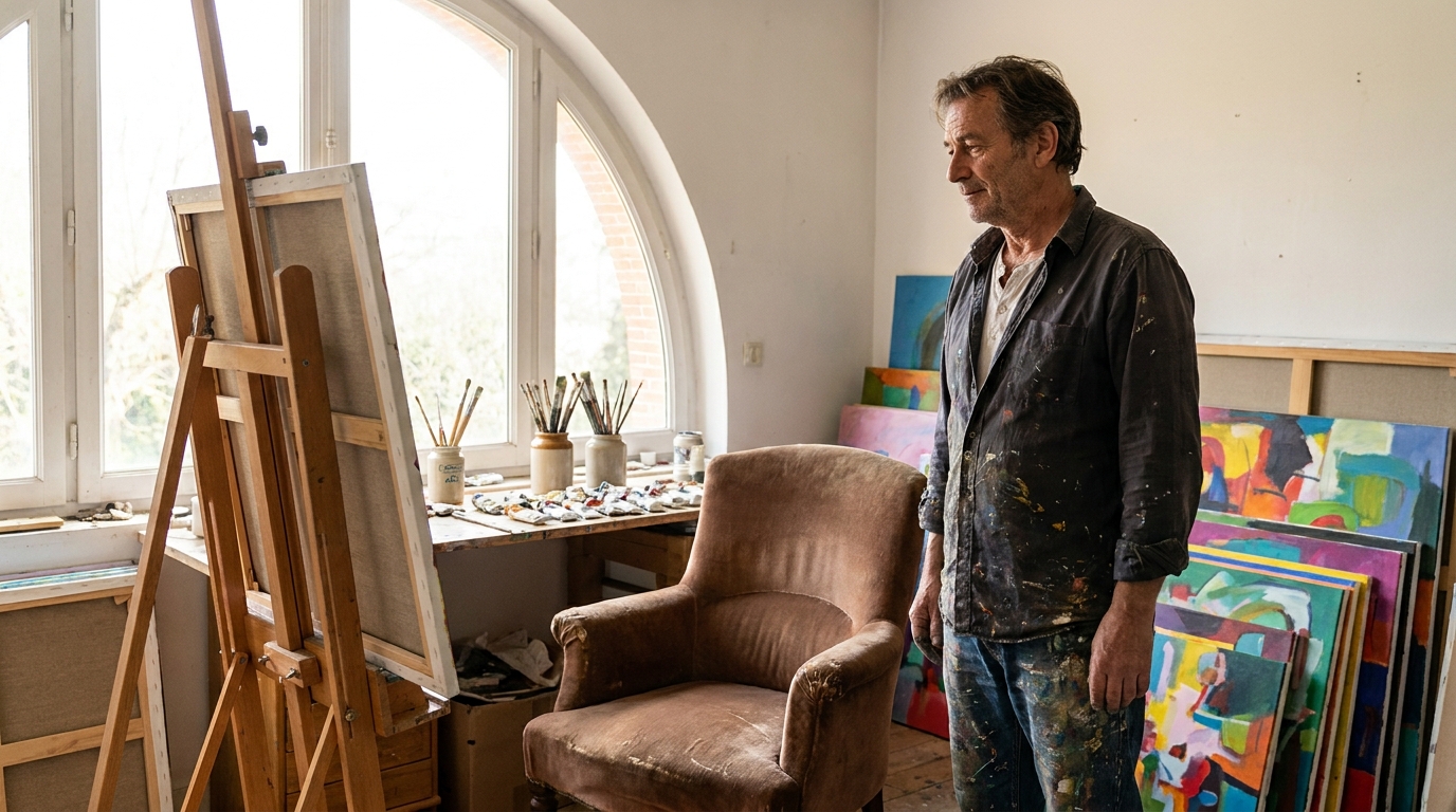 Un peintre dans son atelier, un chat endormi paisiblement à ses côtés, au milieu des toiles et des pinceaux, symbolisant le deuil et l'inspiration.