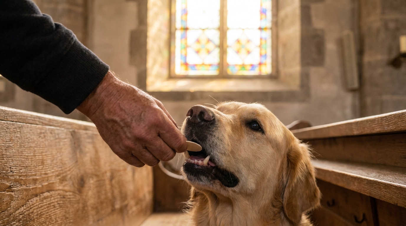 Main d'une personne offrant délicatement un petit morceau de pain azyme à un chien sage, dans l'ambiance sereine et lumineuse d'une église en Suisse.