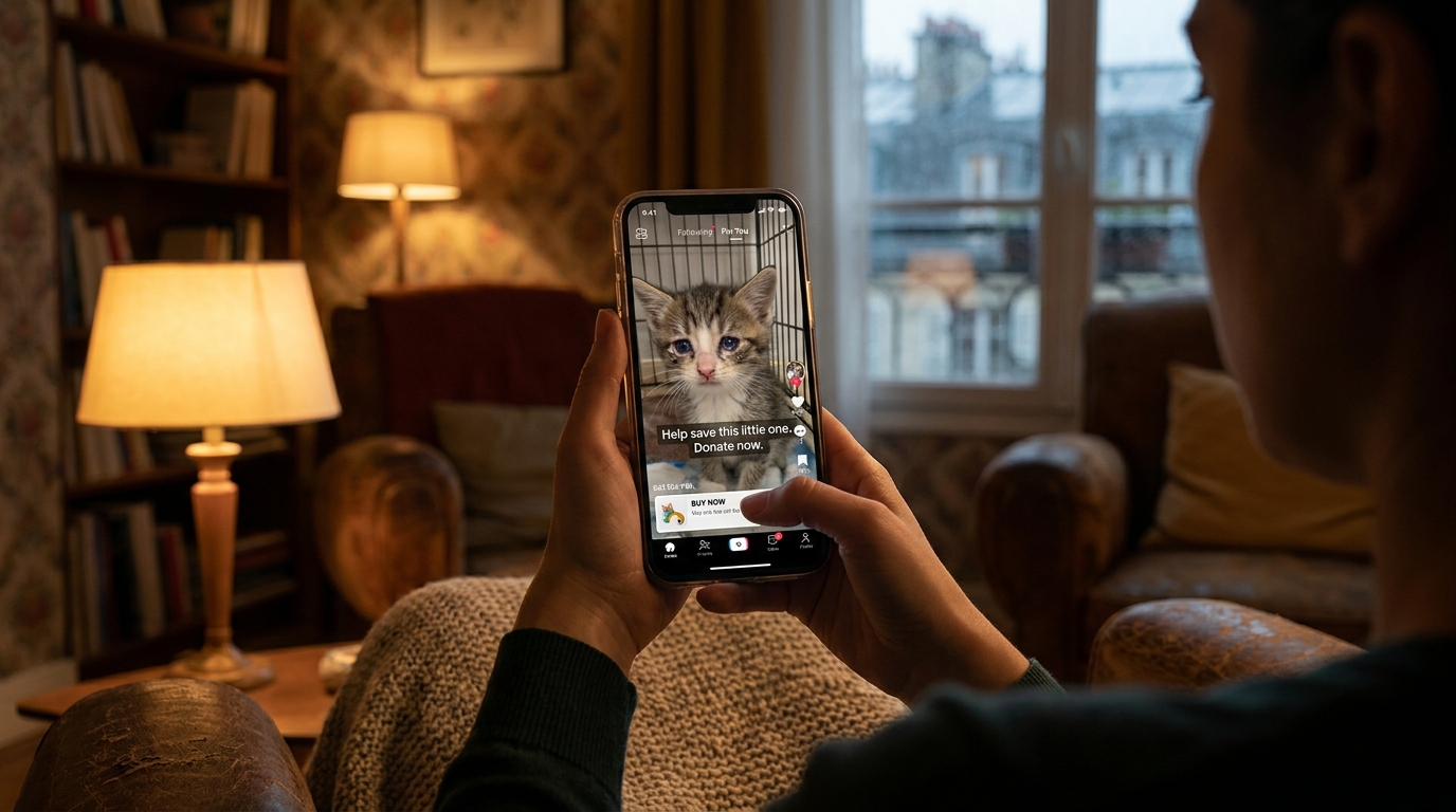 Une personne tient un smartphone affichant une vidéo poignante d'un chaton sur TikTok, illustrant l'arnaque émotionnelle ciblant les amis des animaux.