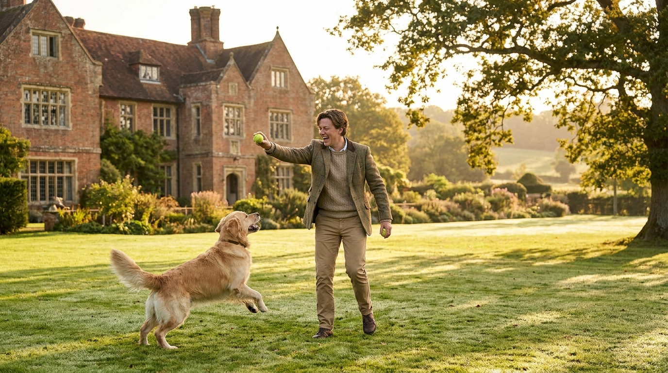 Une personne joue avec un chien dans le jardin verdoyant d'une grande propriété en Angleterre, illustrant un emploi de dog-sitter de luxe.