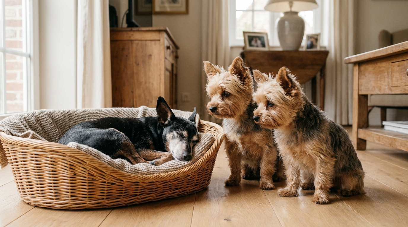 Le petit chien David, un croisé Pinscher âgé, couché confortablement dans un panier douillet dans sa nouvelle maison, l'air apaisé.