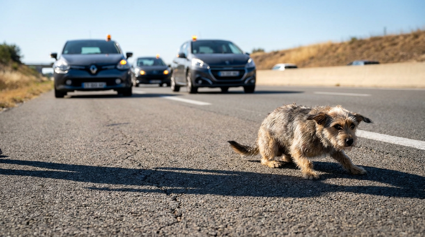 Un petit chien apeuré se tient sur la bande d'arrêt d'urgence d'une autoroute française, avec des voitures floues en arrière-plan.