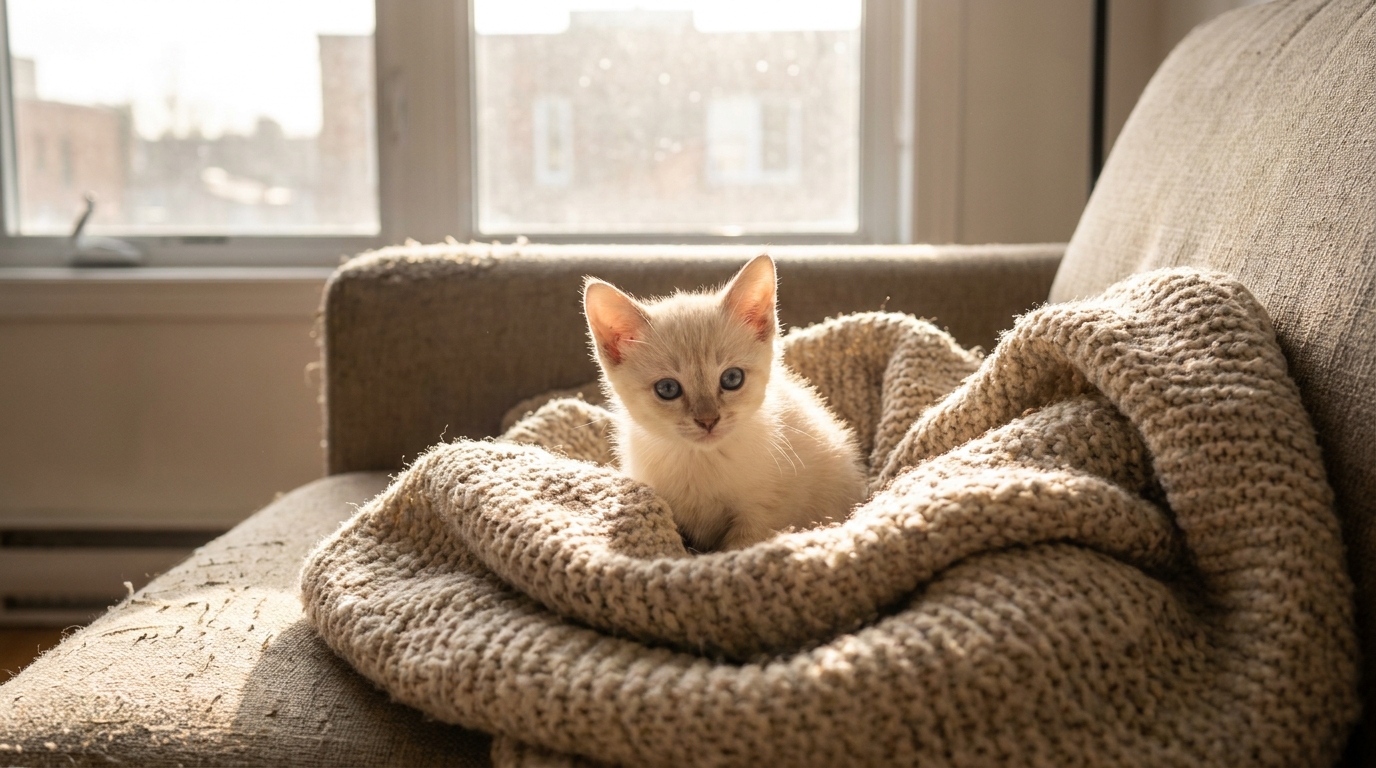 Une très petite chatte au pelage clair regarde la caméra avec de grands yeux, blottie dans une couverture douce à l'intérieur.