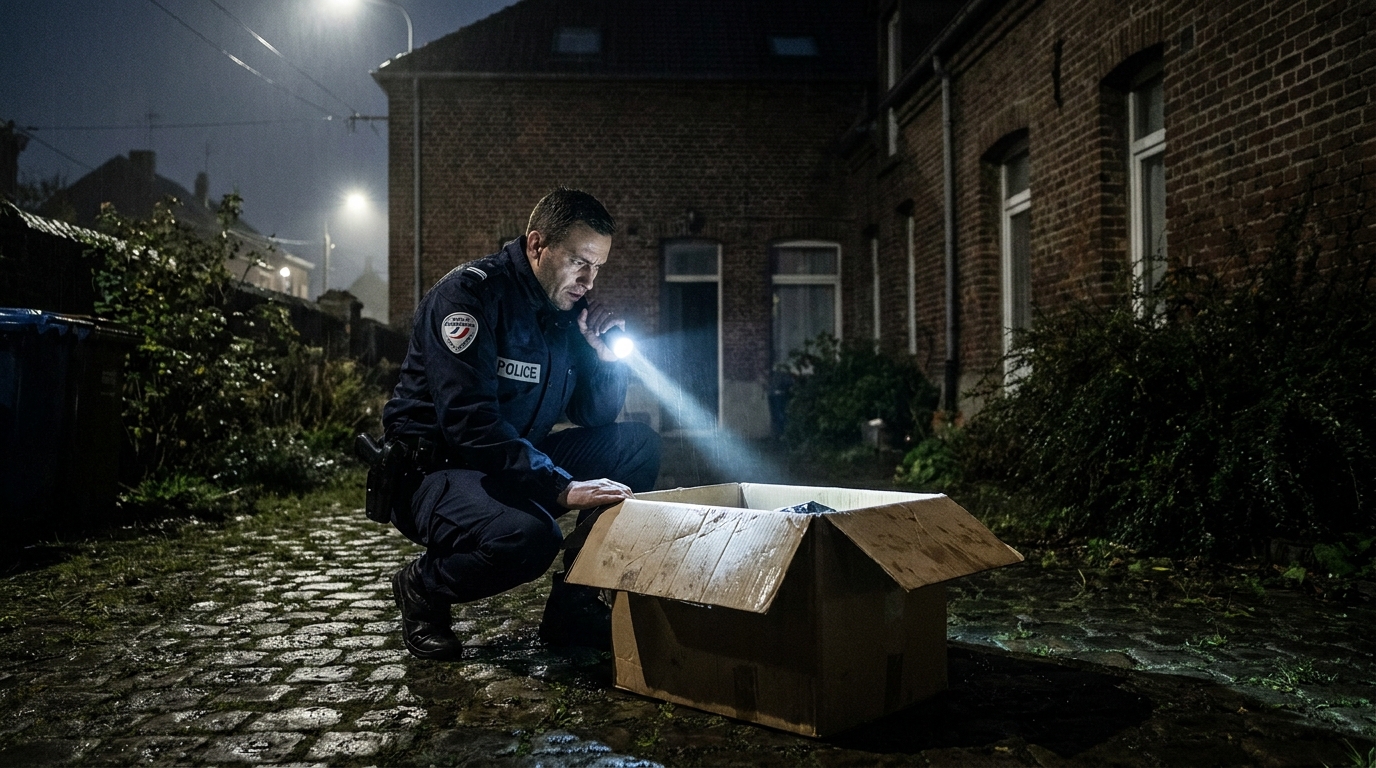 Un policier français se penche avec une lampe de poche vers un carton dans la cour d'une maison la nuit, une scène sombre et poignante.