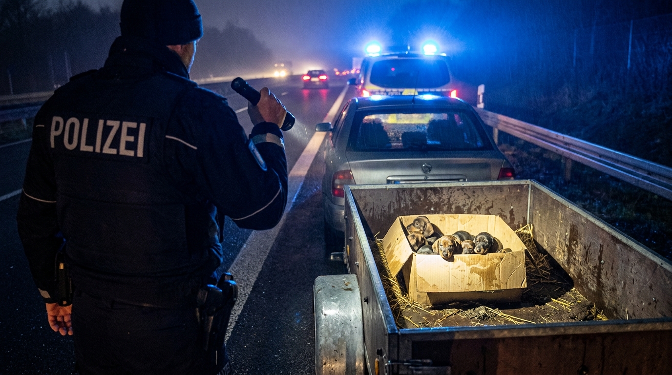 Un policier éclaire l'intérieur d'une remorque et découvre neuf chiots teckels dans des conditions sordides sur une autoroute.