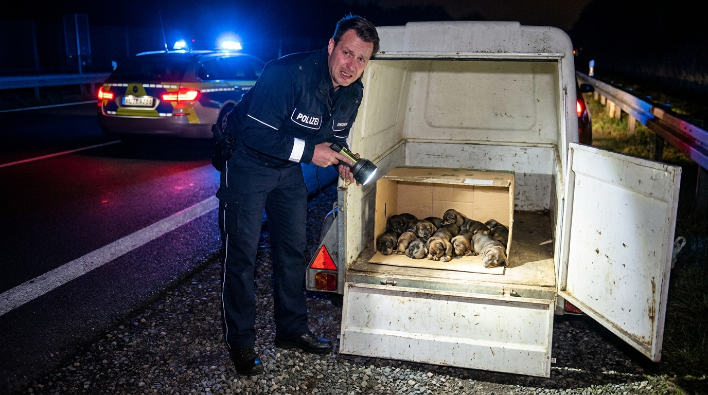 Un policier allemand regarde avec tristesse des chiots teckels dans une caisse de transport lors d'un contrôle routier sur une autoroute.