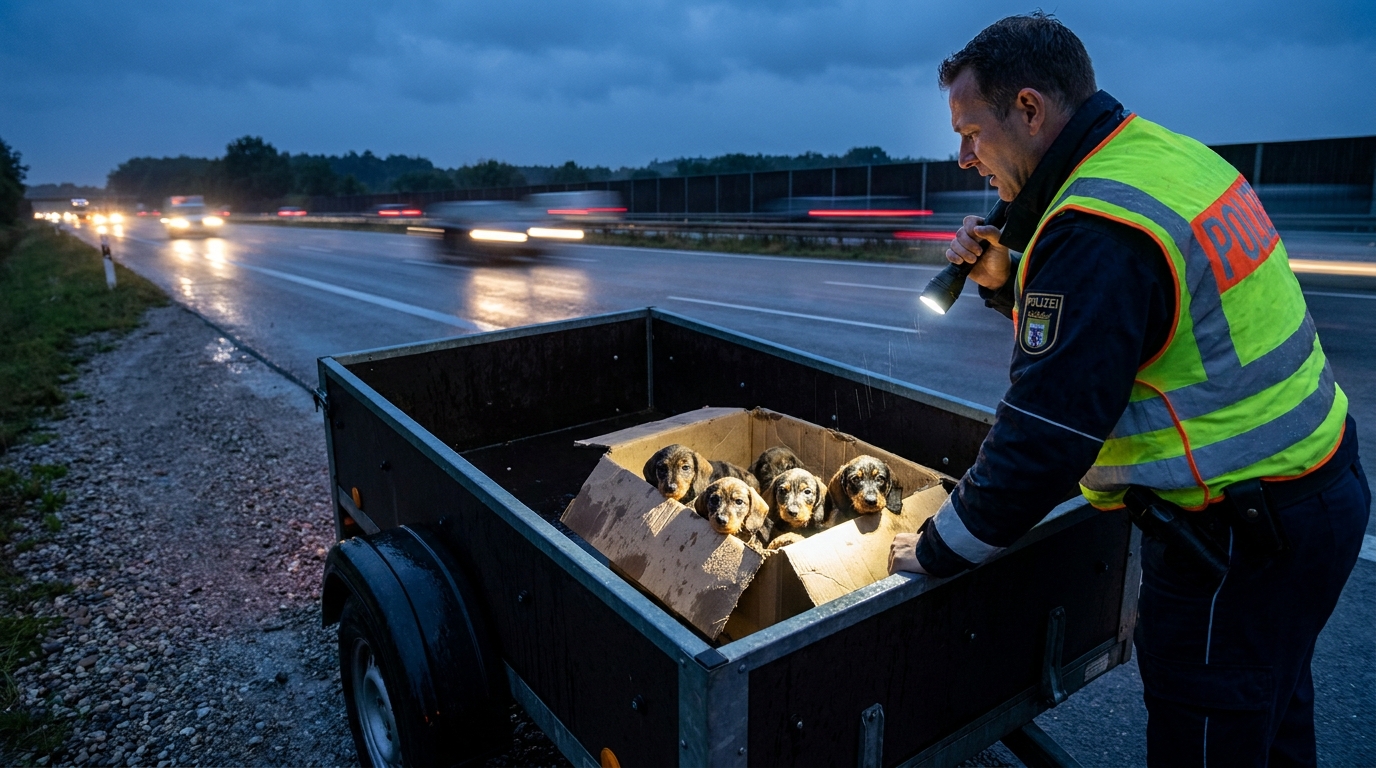 Un policier allemand, choqué, regarde à l'intérieur d'une remorque ouverte où se trouvent de minuscules chiots teckels dans un carton.
