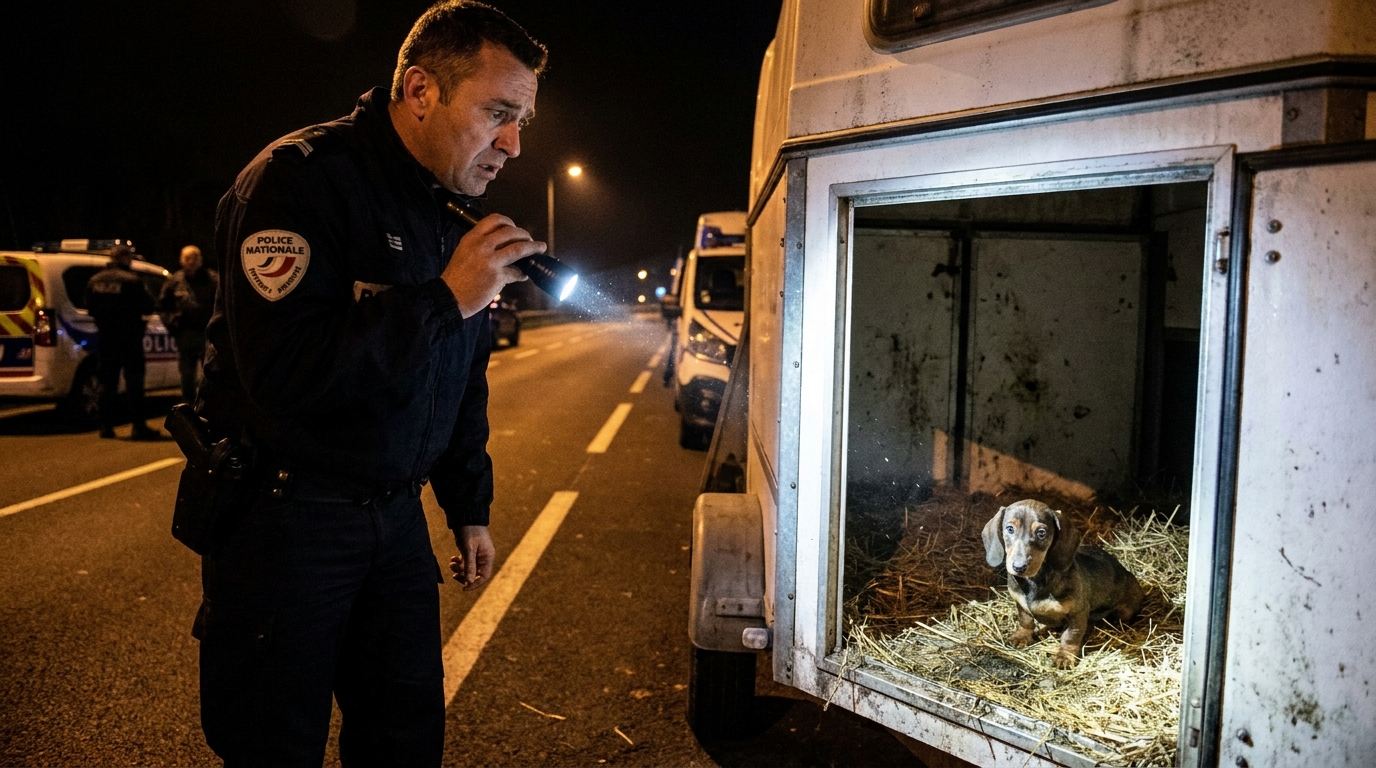 Un policier ouvre une remorque sur l'autoroute et découvre avec horreur un petit chiot Teckel dans des conditions déplorables.