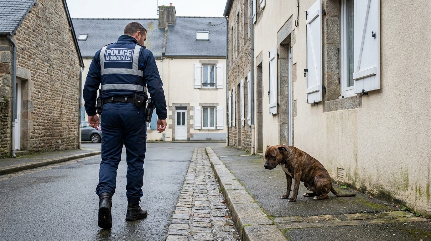 Un agent de la police municipale française intervient avec précaution auprès d'un chien de type Staff assis sur un trottoir en ville.