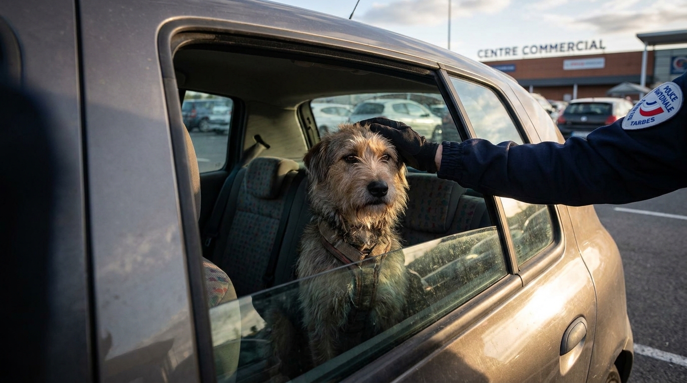 Un chien au regard soulagé est caressé par un policier français après avoir été retrouvé sain et sauf dans une voiture volée à Tarbes.