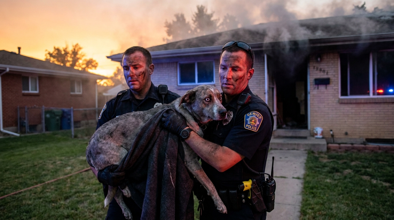 Un policier américain porte un chien effrayé hors d'une maison en feu à Denver, illustrant un acte de bravoure et de compassion.
