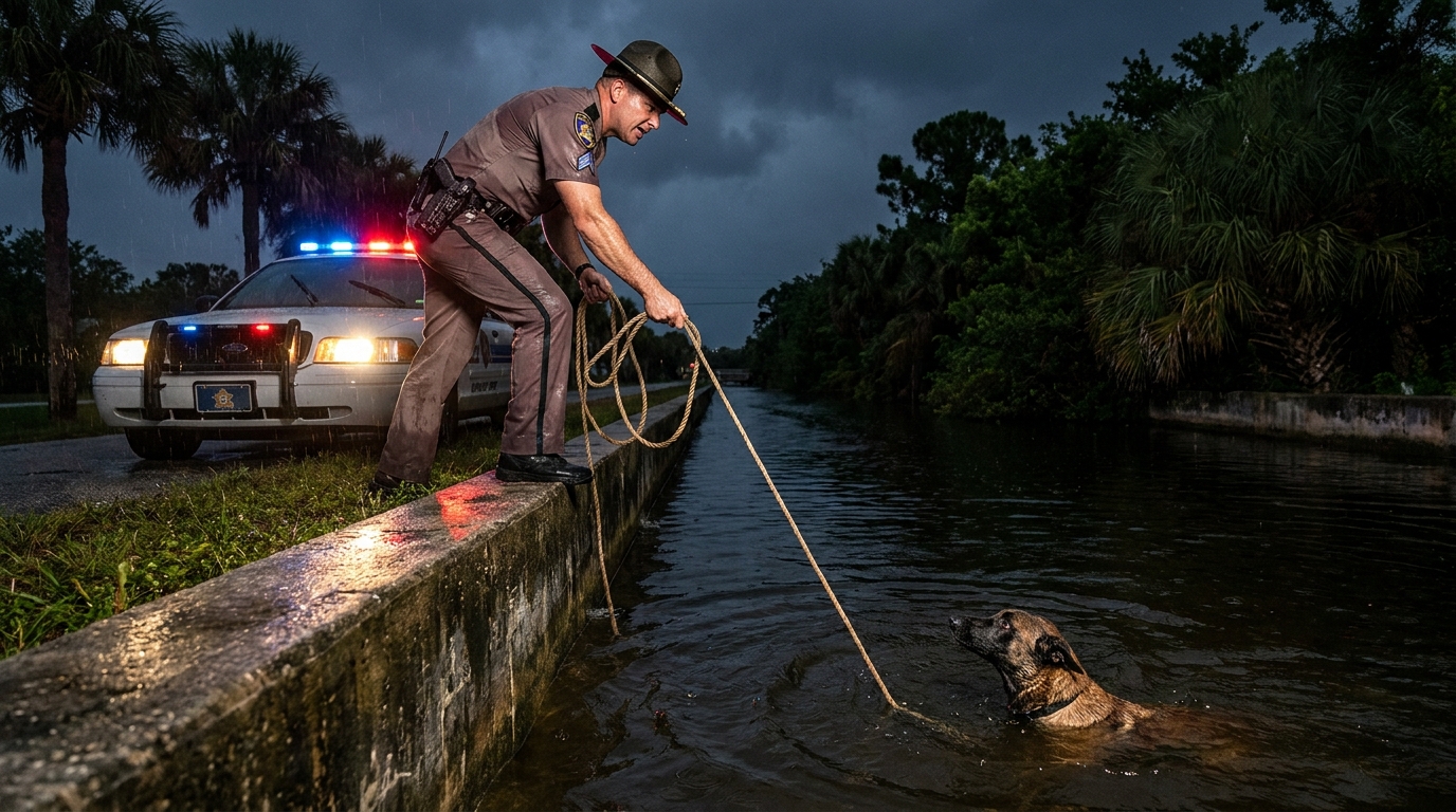 Un policier au bord d'un canal en Floride, utilisant un lasso de fortune pour secourir un chien Malinois qui se débat dans l'eau la nuit.