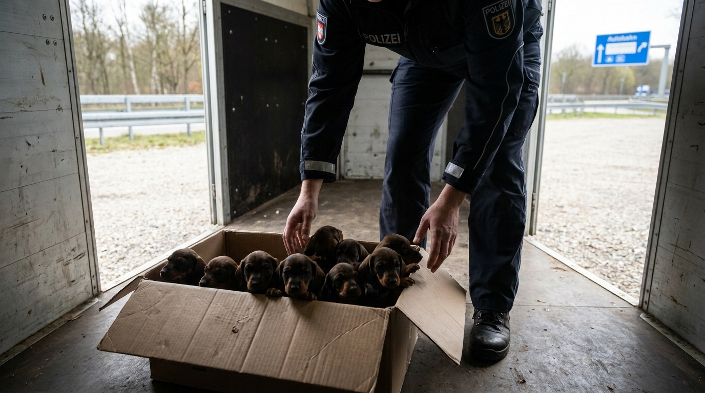 Neuf chiots teckels blottis ensemble dans un carton après avoir été sauvés d'une remorque par la police sur une autoroute.