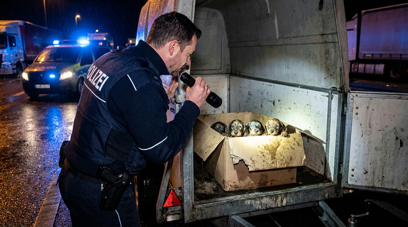 Neuf chiots teckels terrifiés découverts par la police dans une remorque sur une autoroute.
