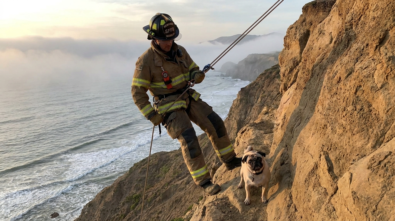 Un pompier en tenue de San Francisco descend en rappel le long d'une falaise pour secourir un petit carlin effrayé.