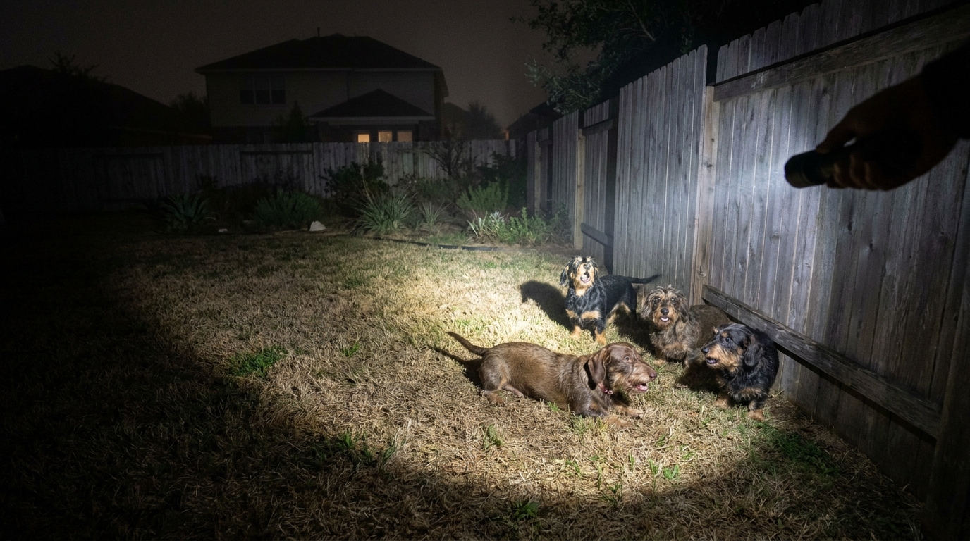Quatre petits chiens Teckels blottis les uns contre les autres dans un jardin la nuit, l'un d'eux ayant l'air affaibli et inquiet.