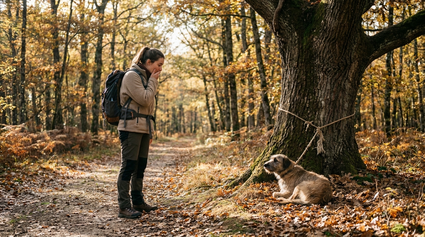 Une femme en randonnée trouve un chien maigre et triste attaché à un arbre dans une forêt, une scène de sauvetage animalier.