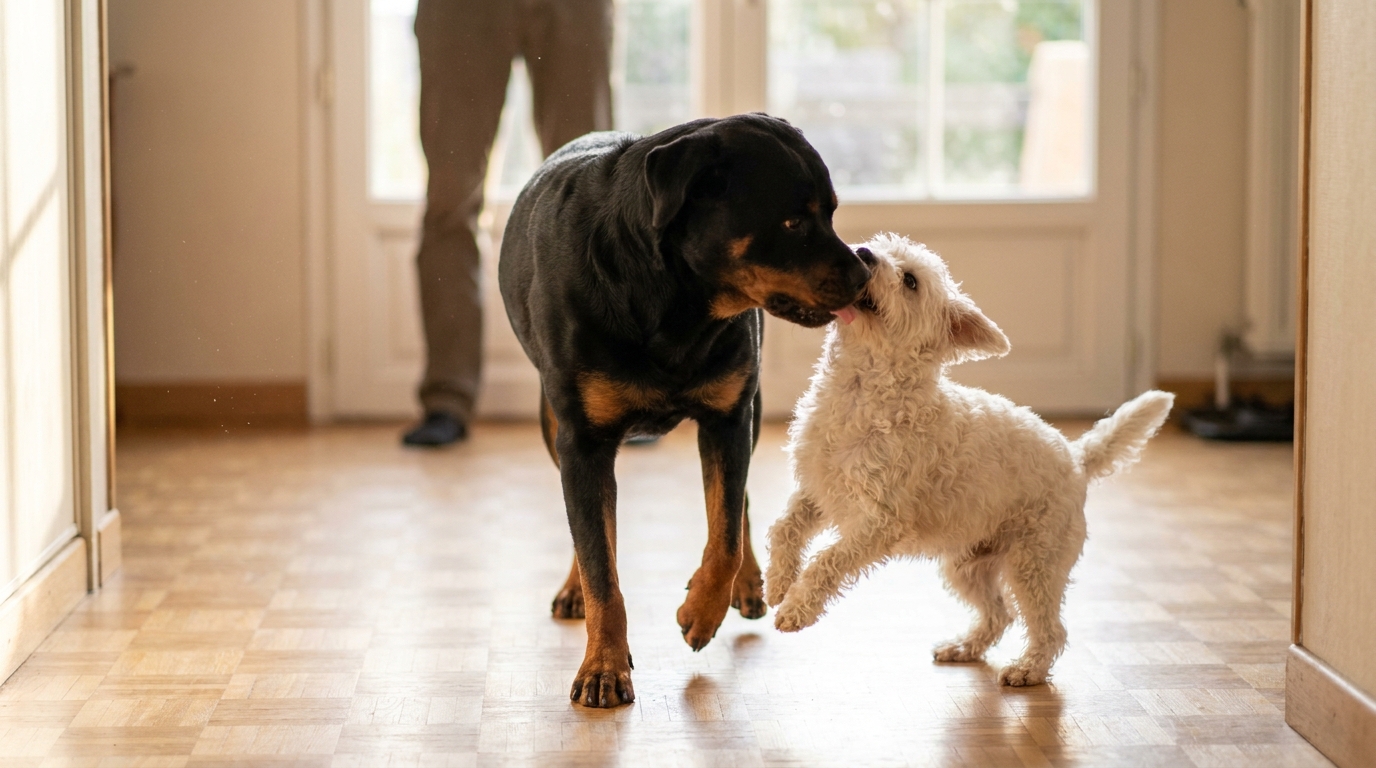 Un Rottweiler à trois pattes joue joyeusement dans un couloir avec un plus petit chien, leurs queues remuent avec enthousiasme.