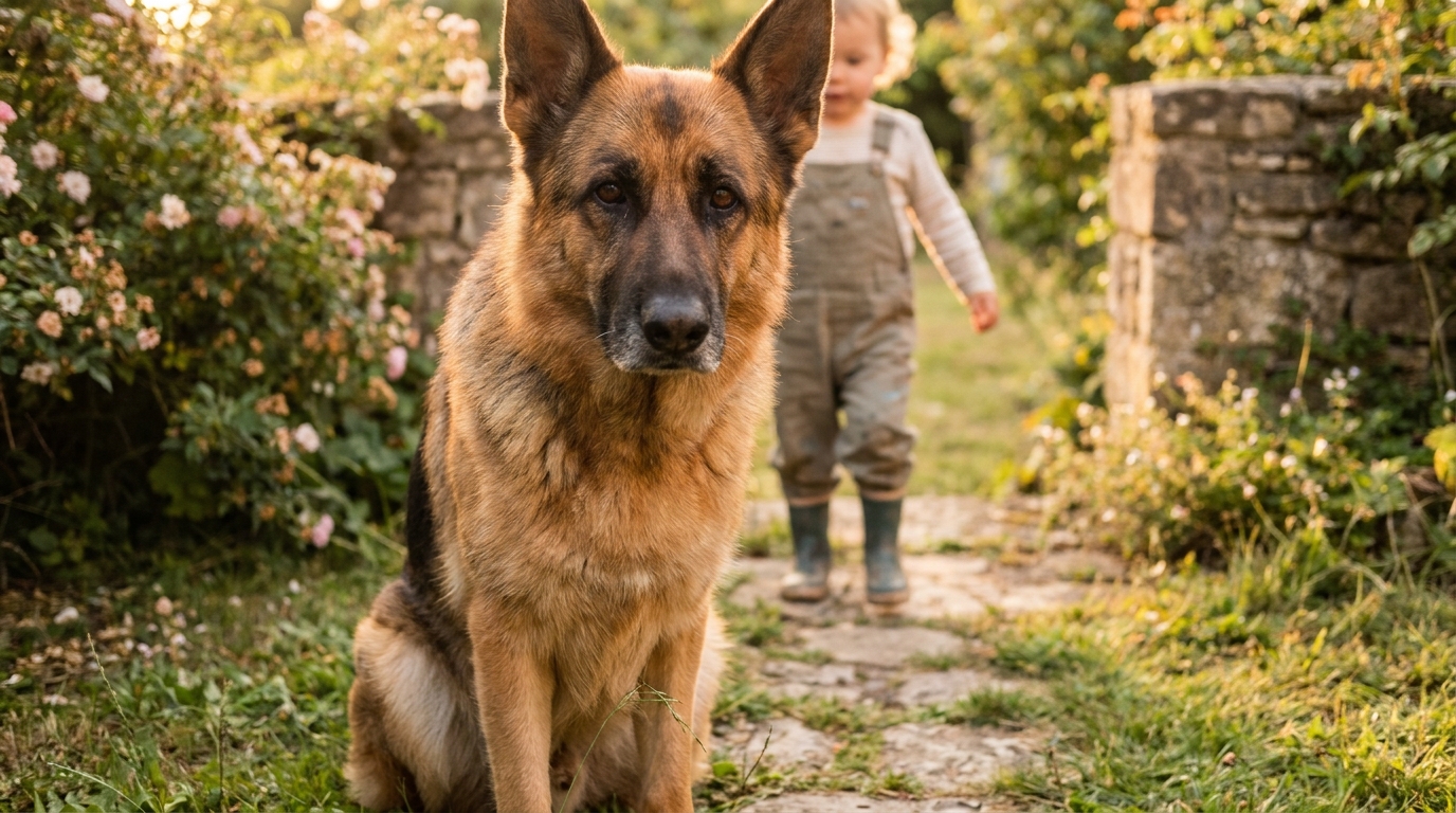 Le berger allemand Ros, chien militaire réformé, assis sagement dans un jardin, regardant avec douceur un jeune enfant qui s'approche de lui.