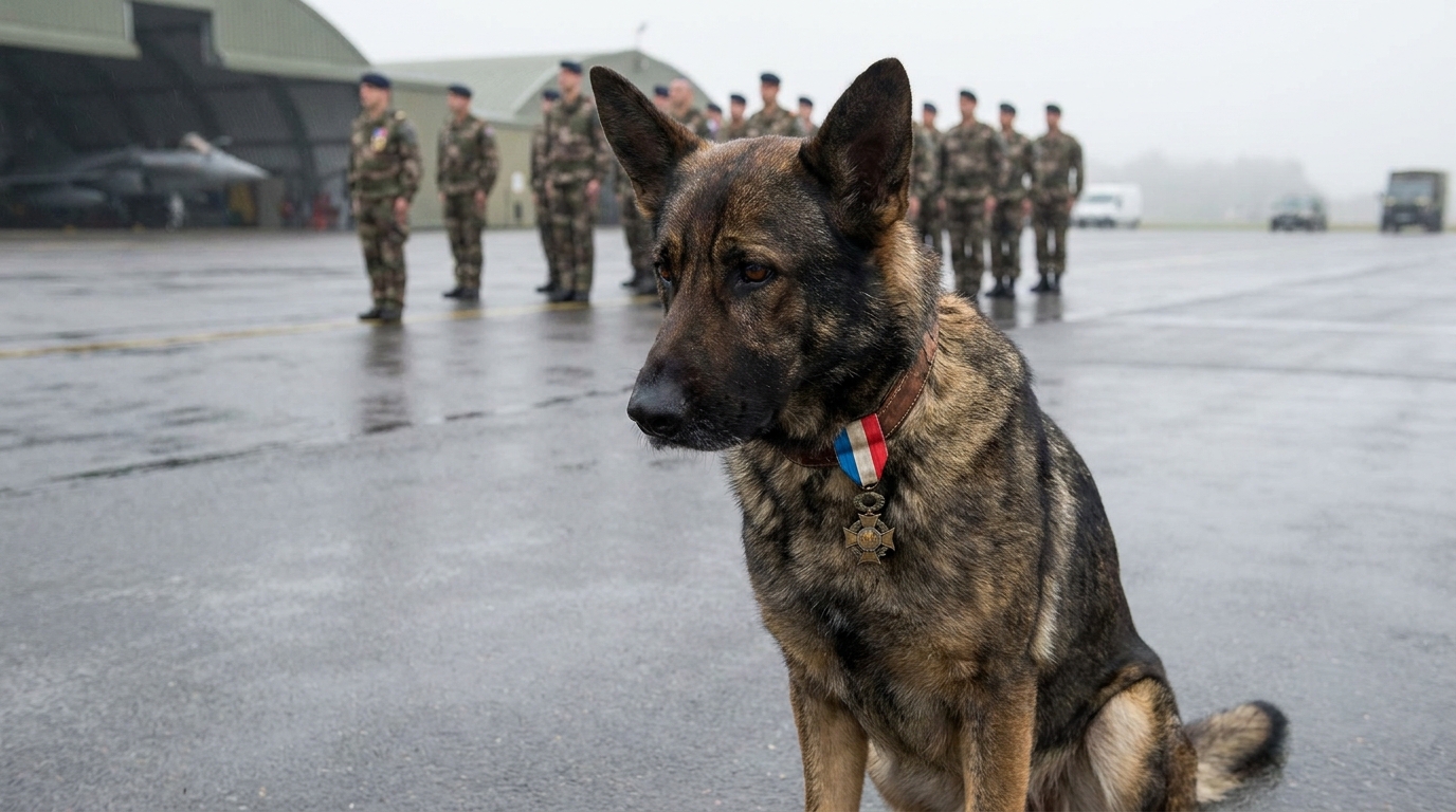 Le berger allemand Ros, chien militaire, assis dignement lors de la cérémonie d'hommage à son maître, le sergent Anicet Girardin.