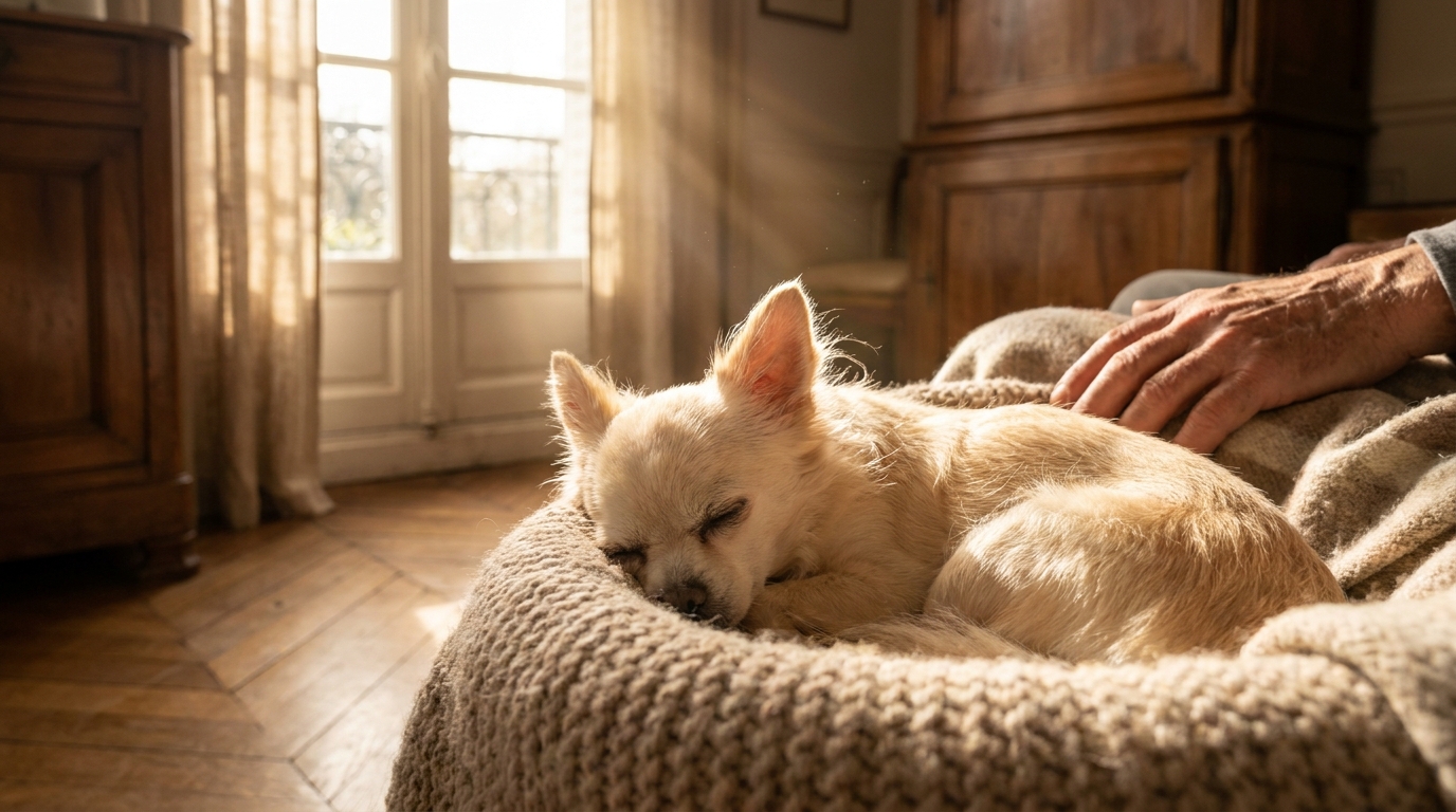 Sana, une petite chienne chihuahua âgée, dort paisiblement dans son panier après avoir été adoptée par une nouvelle famille aimante.