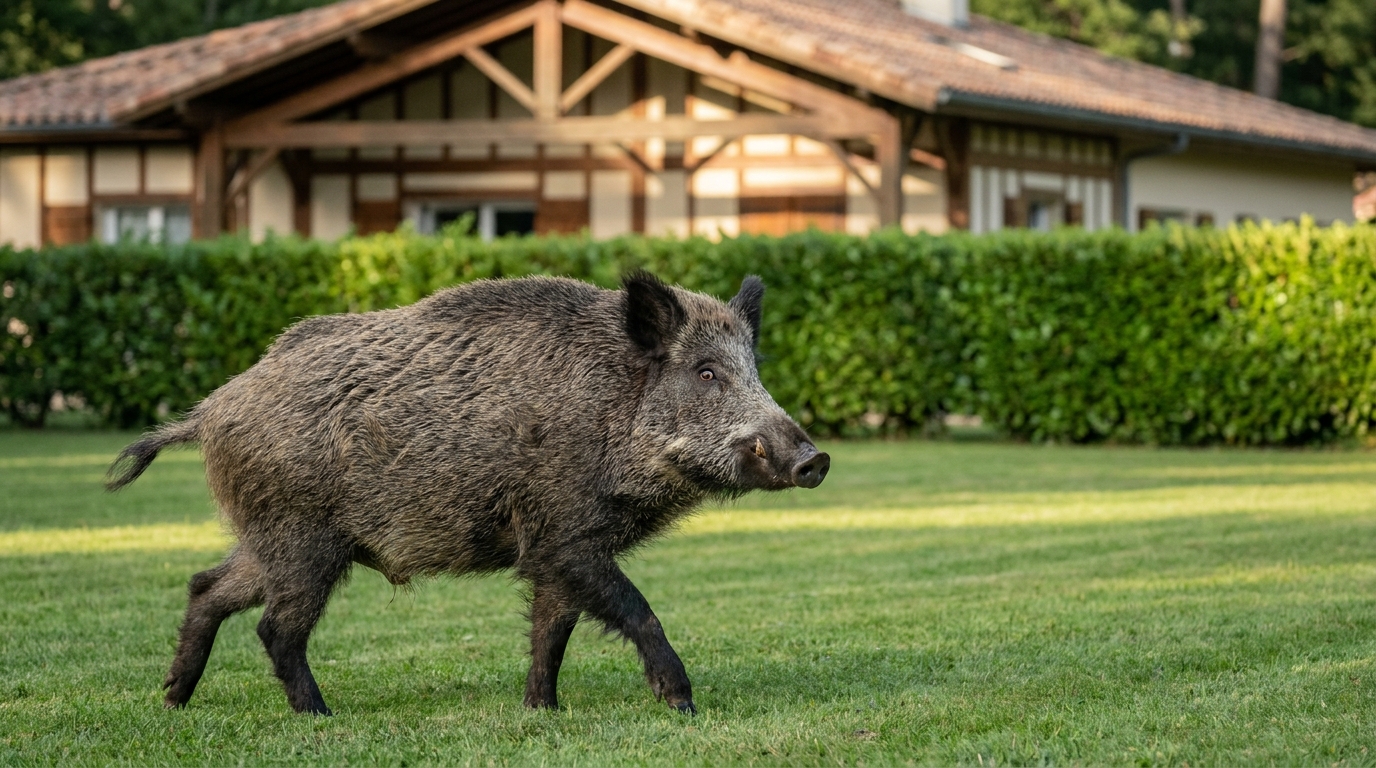Un sanglier sauvage se tenant sur une pelouse dans un quartier pavillonnaire français, semblant alerte et potentiellement agité.