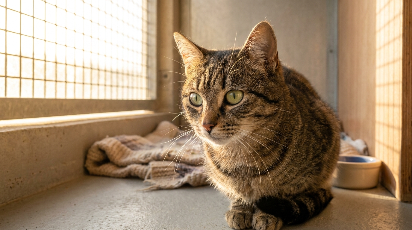 Sanson, un magnifique chat tigré aux yeux verts, regarde timidement depuis son enclos dans un refuge de la SPA en Sarthe.