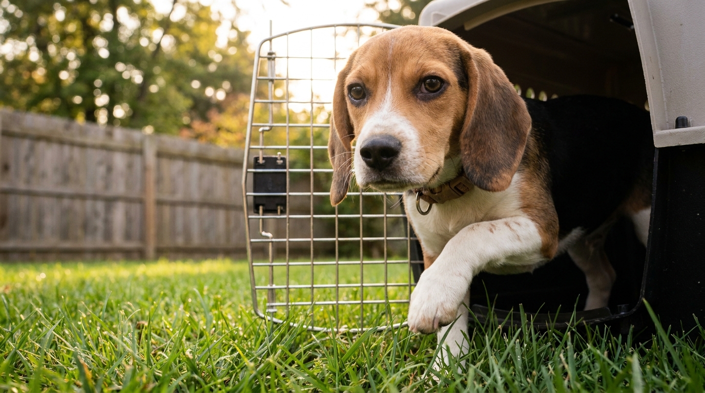 Un beagle timide découvre la liberté en posant une patte sur l'herbe après avoir été sauvé d'un élevage de laboratoire dans le Wisconsin.