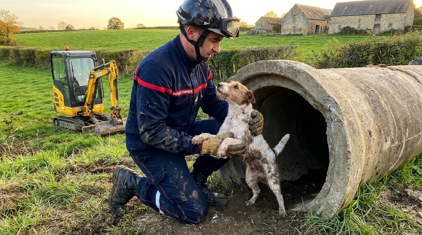 Un chien de type Fox-Terrier, l'air soulagé mais un peu sale, dans les bras d'un sapeur-pompier français près d'une canalisation éventrée.