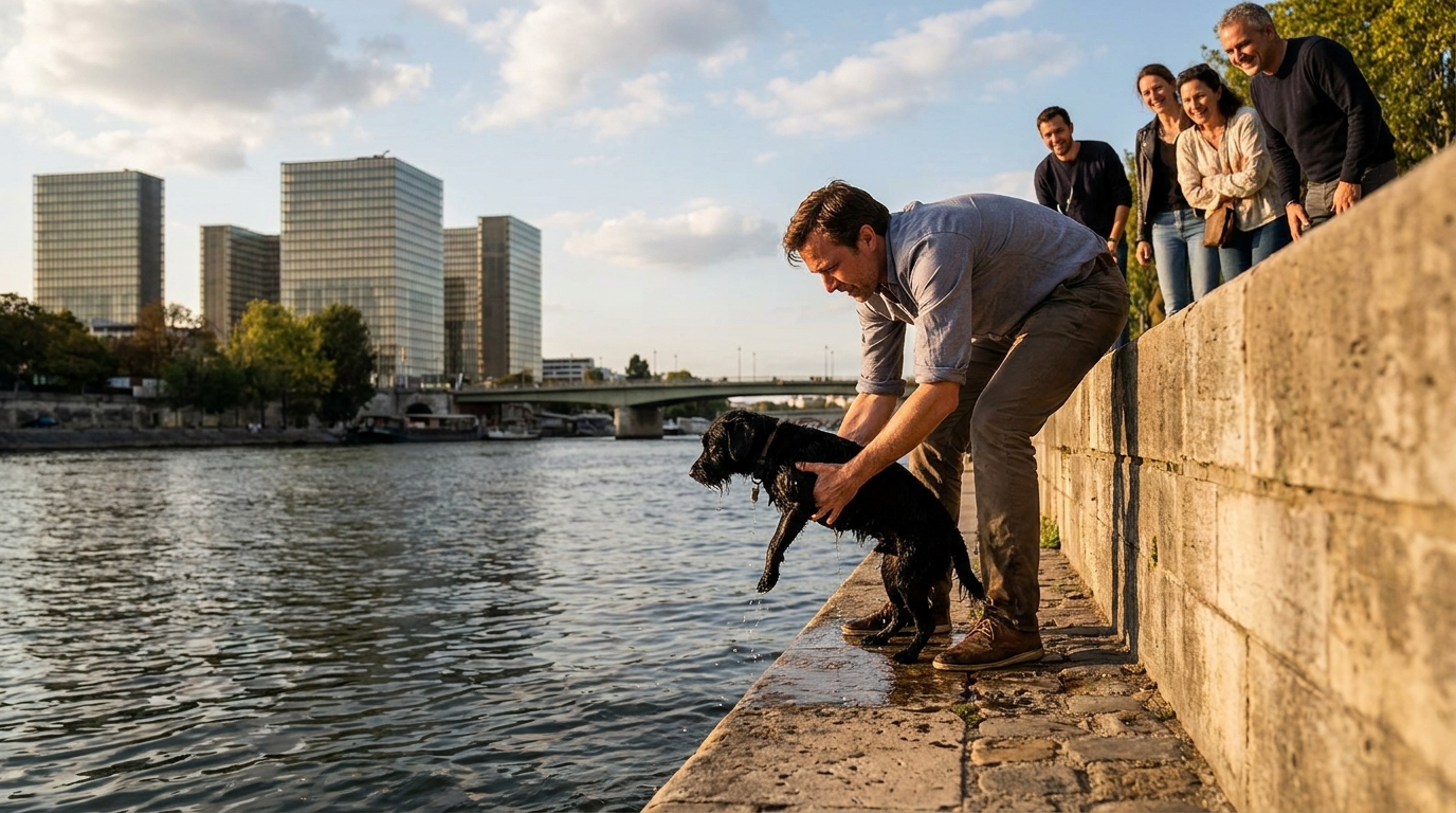 Un élan de solidarité sur les quais de la Seine à Paris où des passants aident à secourir un petit chien noir de la noyade.
