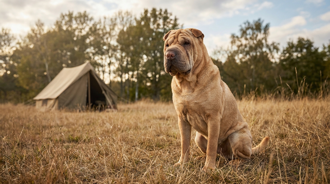 Un chien de race Shar-Pei au pelage froissé regarde avec une expression soulagée, assis dans une zone boisée typique du Missouri.