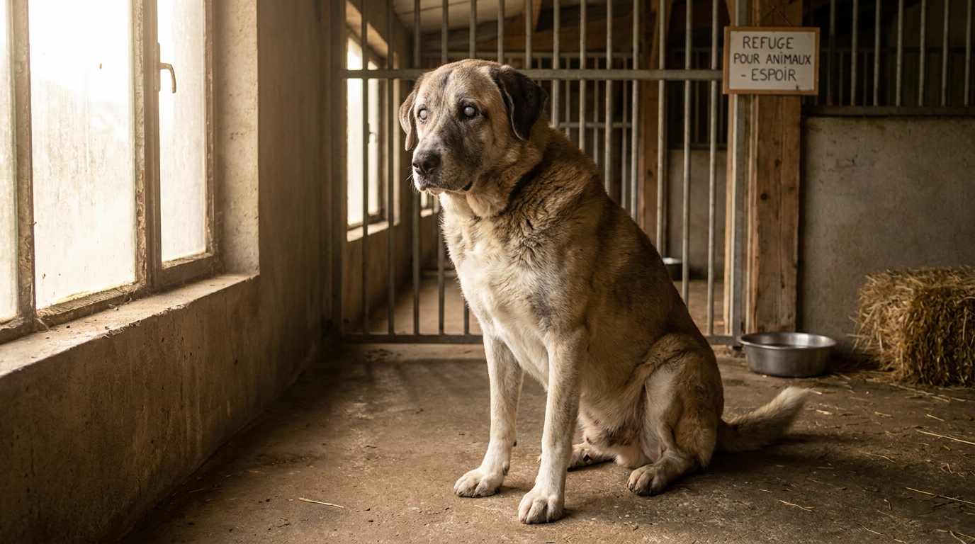 Simba, un grand chien croisé Berger d'Anatolie aveugle, attend patiemment dans son box à la SPA de Strasbourg.