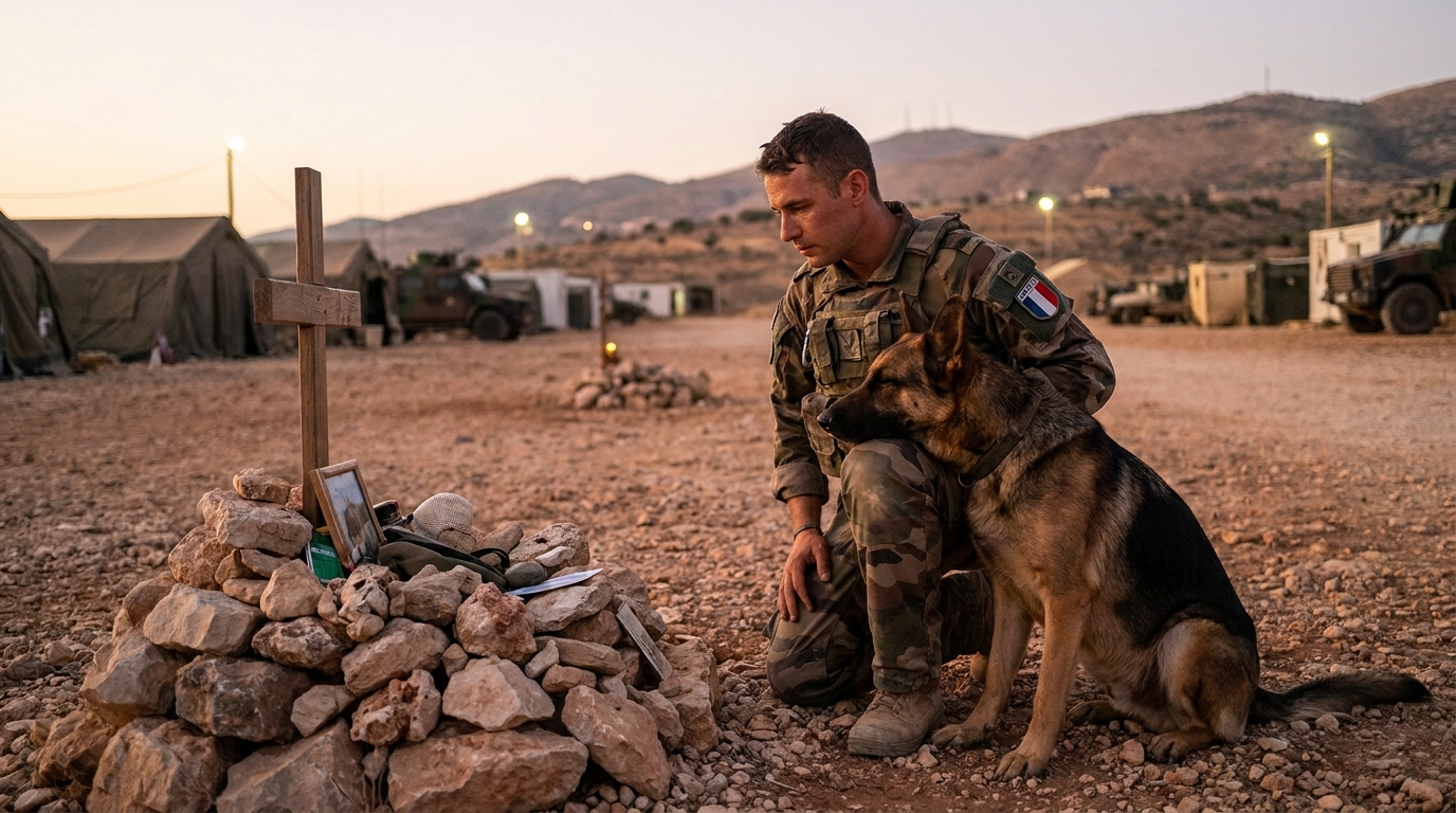 Un soldat maître-chien français en uniforme se recueille, son berger allemand assis fidèlement à ses côtés, symbolisant le deuil et la loyauté.