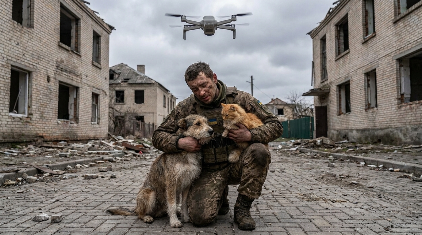 Un soldat ukrainien réconforte son chien et son chat dans une zone de conflit, tandis qu'un drone de sauvetage s'approche.