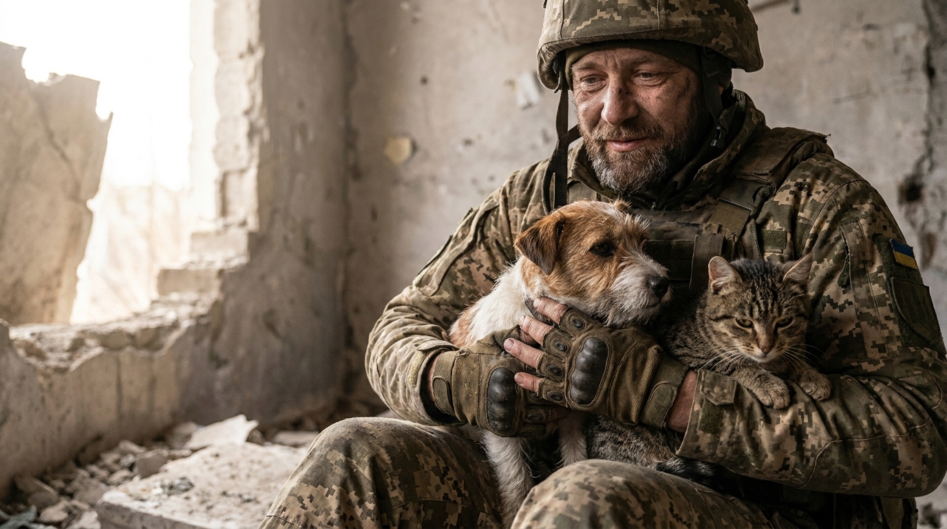 Un soldat ukrainien blessé protège tendrement son chien et son chat au milieu des décombres, illustrant un incroyable sauvetage.