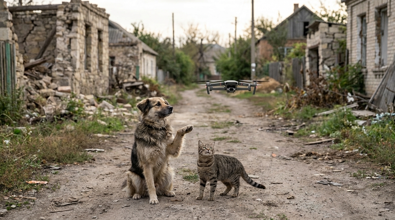 Un chien et un chat en Ukraine regardent un drone venu les secourir dans une zone de conflit, une image d'espoir.