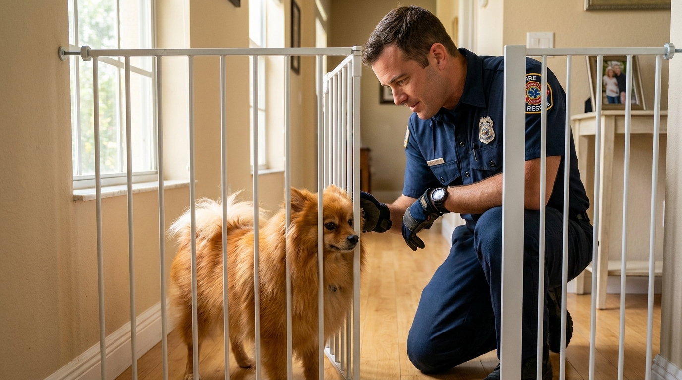 Un petit chien de type Spitz nain regarde tristement, sa tête coincée entre les barreaux d'une barrière de sécurité blanche pour bébé.