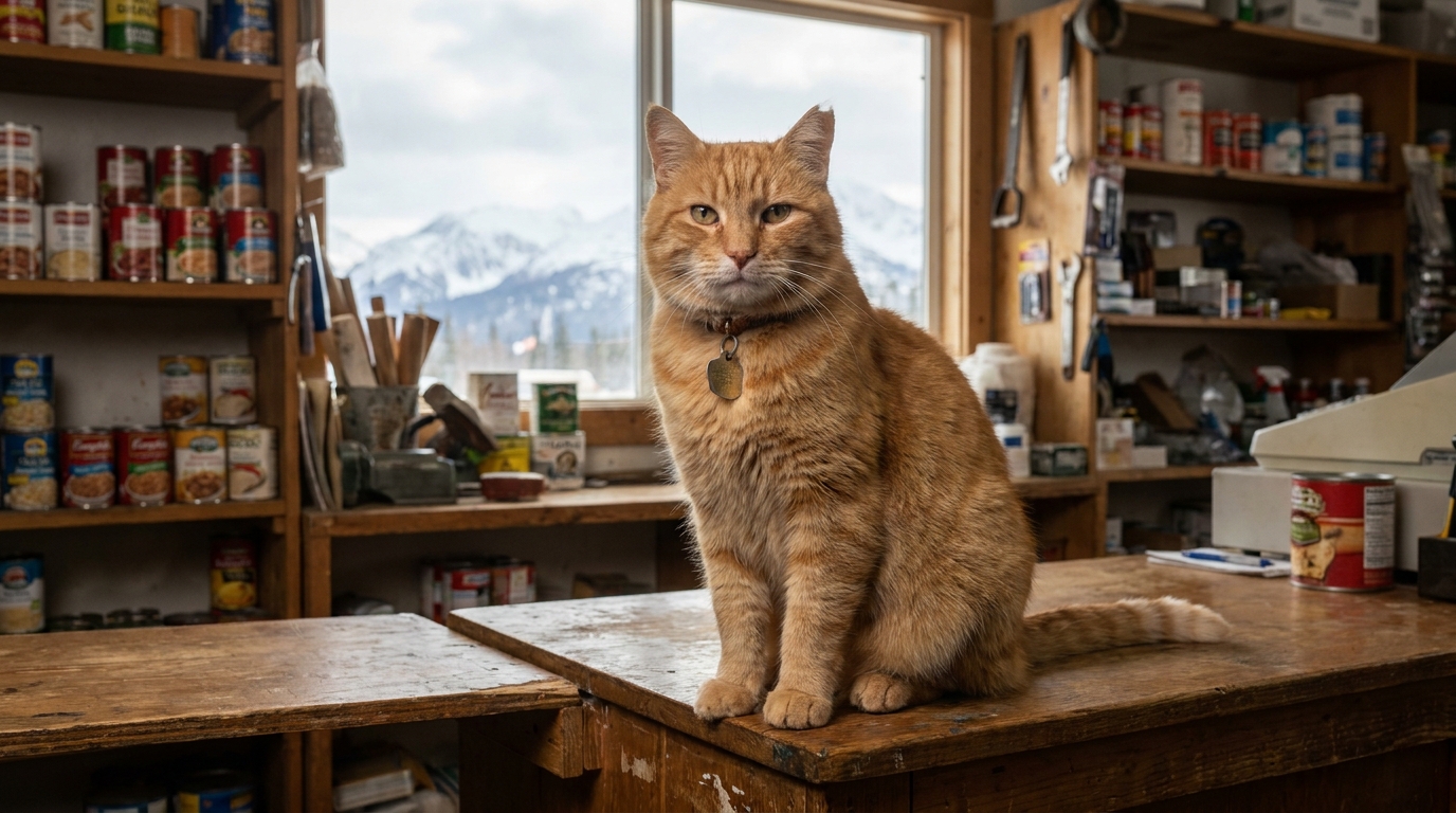Un chat roux majestueux assis sur un comptoir en bois dans un magasin, regardant calmement l'objectif.